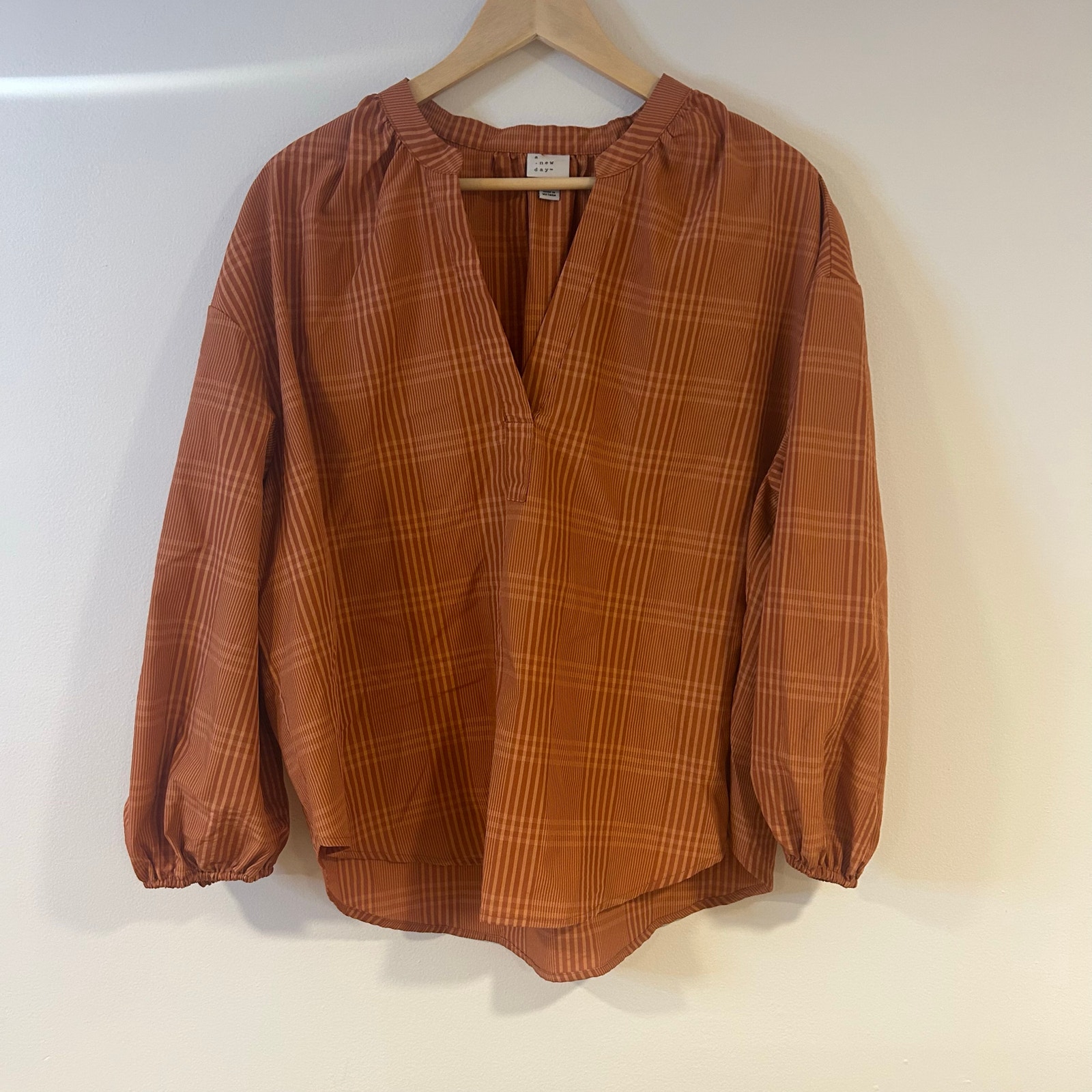 A New Day Sz Xxl Poplin Burnt Orange Peasant Minimalist V Neck Shirt